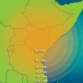 Coverage map shows INTELSAT 802 iDirect satellite 
    internet service area, centered on Kenya, Africa