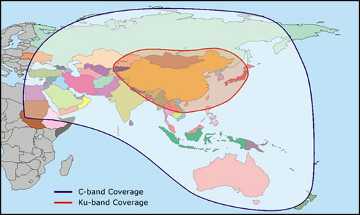 AsiaSat 2 satellite 100.5 deg east C band and Ku band beam coverages