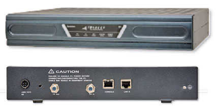 Images of front and back panels of iDirect Evolution X3 satellite router