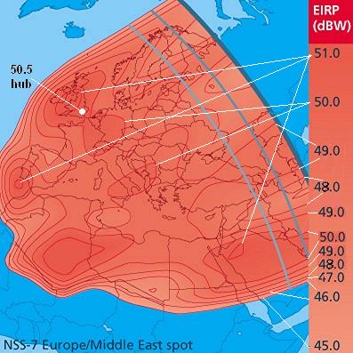 map of middle east and europe. NSS-7 Ku band Europe beam