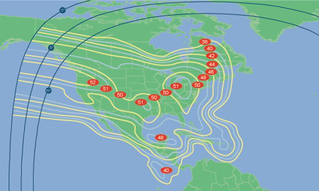 AMC-6 satellite map showing beam coverage. Shows downlink power (eirp) in dBW per transponder operating at 
saturation.