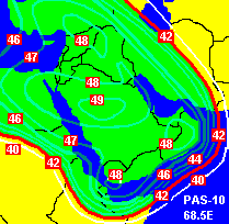 Click here for larger PAS-10 satellite coverage patterns for Middle East and Europe satellite internet services