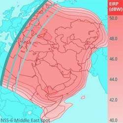 NewSkies NSS6 Middle East satellite internet beam coverage pattern with elevation and eirp contour lines