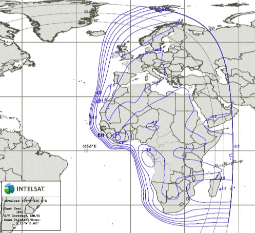 Intelsat 905 East Hemi beam coverage map satellite at 332.5 East orbit longitude