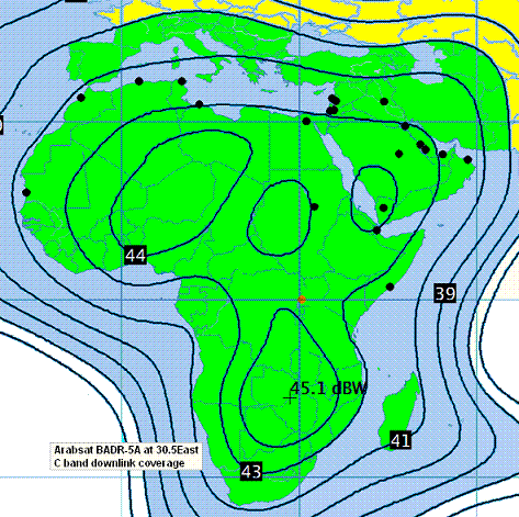 BADR 5A satellite at 30.5 East, C band Africa coverage beam