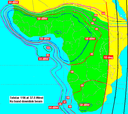 Telstar 11N at 37.5 deg West, Ku band Africa downlink beam coverage