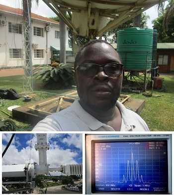 VSAT installation in Africa with circular polarisation feed and spectrum analyser