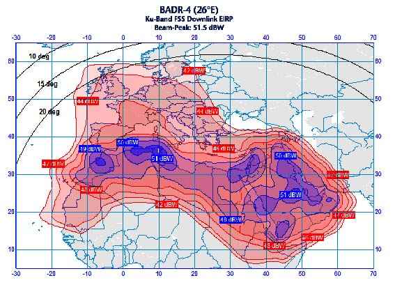 Arabsat 4B or BADR-4 satellite beam, Ku band peak EIRP 51.5 dBW