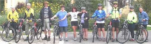 Group of us 9 guests and Marietta, with our bicycles, ready to start on our cycle tour of Hungary