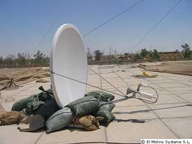 Tachyon dish with mount held down by sandbags