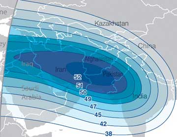 Beam coverage map for iDirect services on ABS-7 satellite