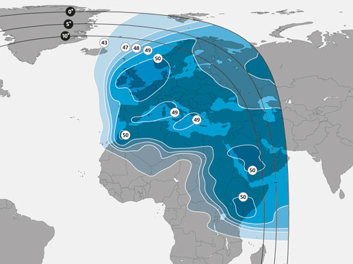 iDirect service area on SES4 satellite. Map includes Europe, North Africa and Middle East and NE Africa