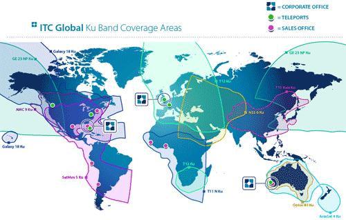 ITC Ku band worldwide satellite beam coverages using iDirect Hubs