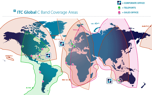 ITC C band worldwide satellite beam coverages using iDirect Hubs