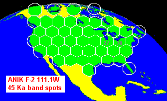 The coverage map comprises multiple small spot beams, all closely adjacent to each other so as to provide continuous coverage of the United States. On the uplink, separate spacecraft receivers for each uplink beam will enable high G/T to be achieved thus improving the link budget on the uplink and minimising the VSAT terminal transmit power and dish size required.