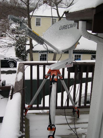 HughesNet dish mounted on the Dustyfoot tripod