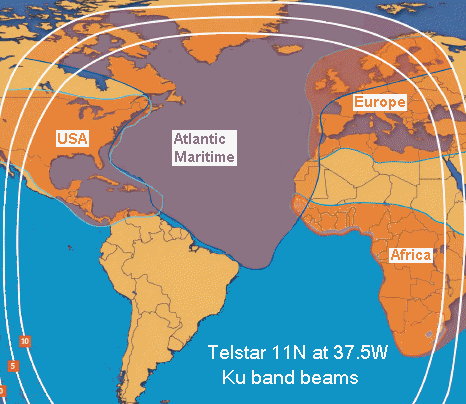 Telstar 11N US, Atlantic, Europe and Africa beam coverages