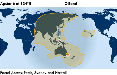 Apstar 6 at 134E C band coverage: Hubs: Perth, Sydney and Hawaii