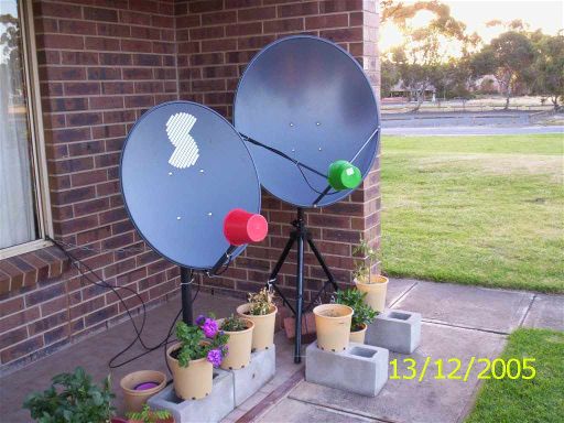 Ku band dish on tripod mount, pointing at Optus B3 satellite for receiving a pay satellite TV signal