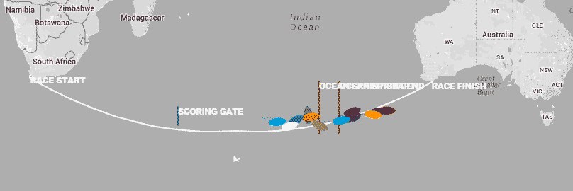 The real Clipper race yacht positions, mid way on leg 3