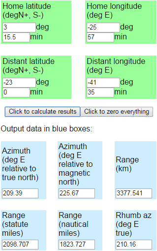 Great circle direction calculation results