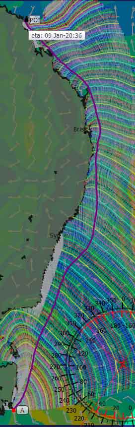 Calculated sailing route via Great Barrier Reef islands