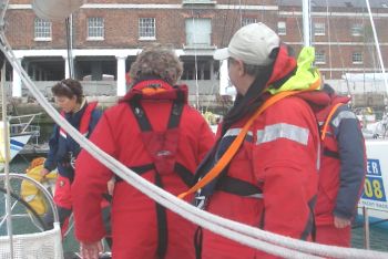 Kitted out in sailing clothing suitable for Clipper round the world yacht race