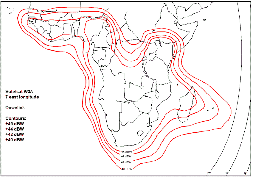 Eutelsat W3A Africa beam downlink coverage contours EIRP in dBW