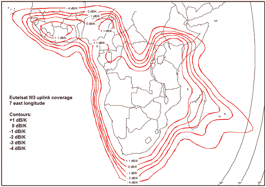 Eutelsat W3A Africa beam uplink coverage contours G/T in dB/K